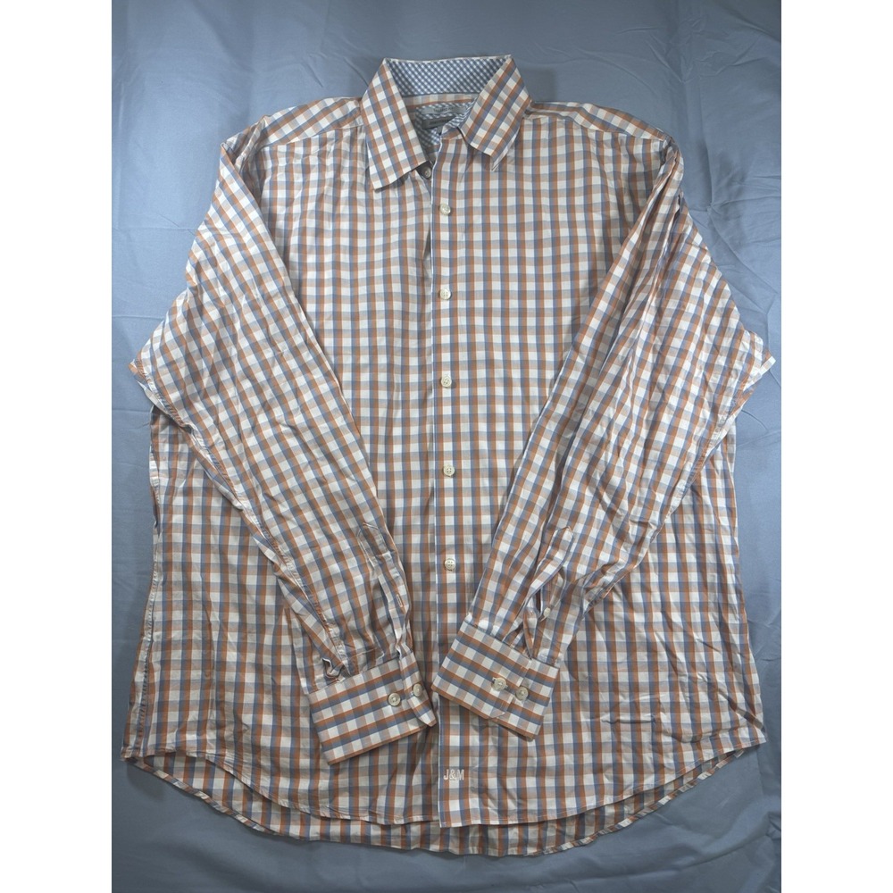 Johnston & Murphy Men's Orange & Blue Plaid Tailor Fit LS Button Up Shirt Sz XL
